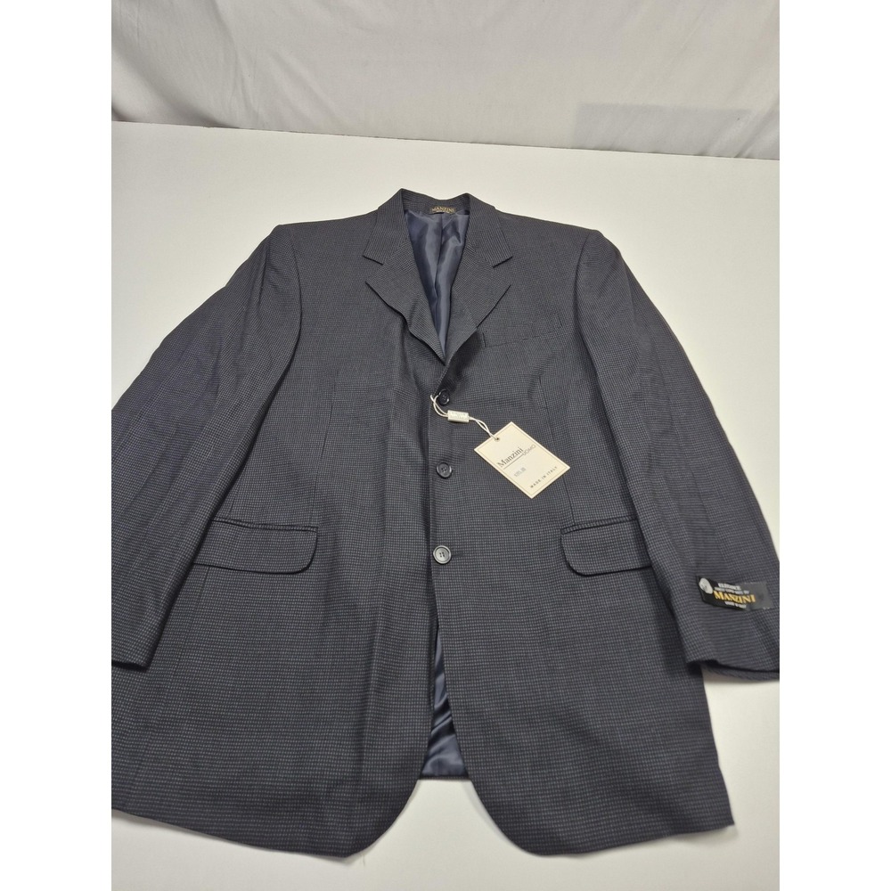 Manzini Blazer Mens 46 Long Blue Wool Super 100s Check Sport Coat Italy NWT